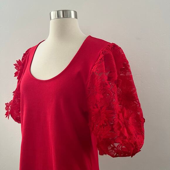 Anthropologie Dolan Puff Sleeve Top Ribbed Lace Floral Appliqué Red Large NWOT - Picture 6 of 10